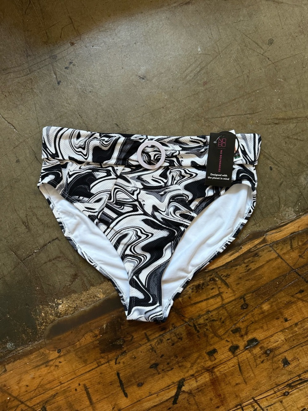 No Boundaries Black & White Swirl High-Waist Bikini Bottom with Ring Accent